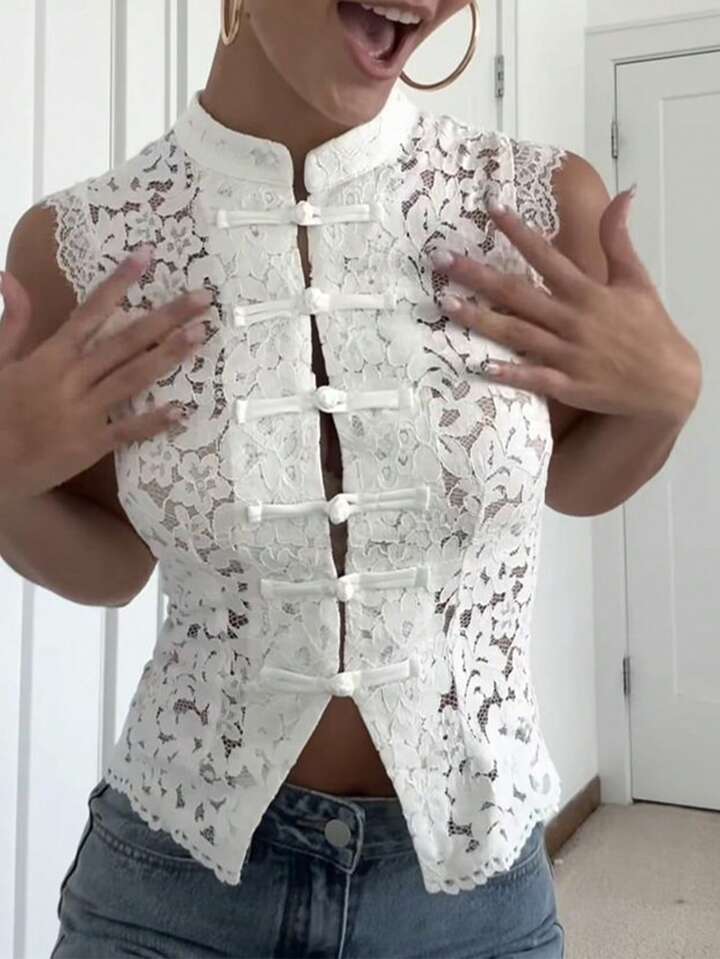 Bianca Mandarin Sleeveless Lace Top