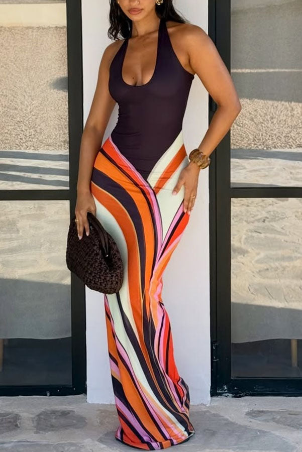 Valentina Colorblock Swirl Pattern Maxi Dress