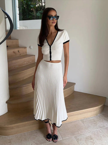 Monarch Contrast Knit Polo & Pleated Maxi Skirt Set