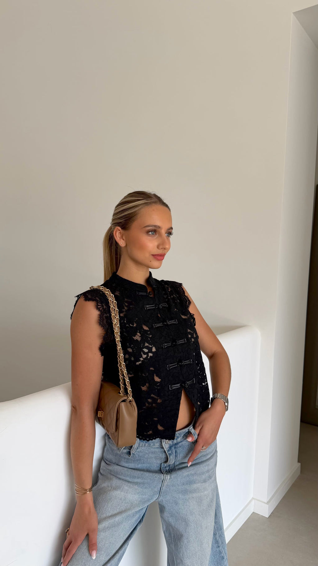 Bianca Mandarin Sleeveless Lace Top