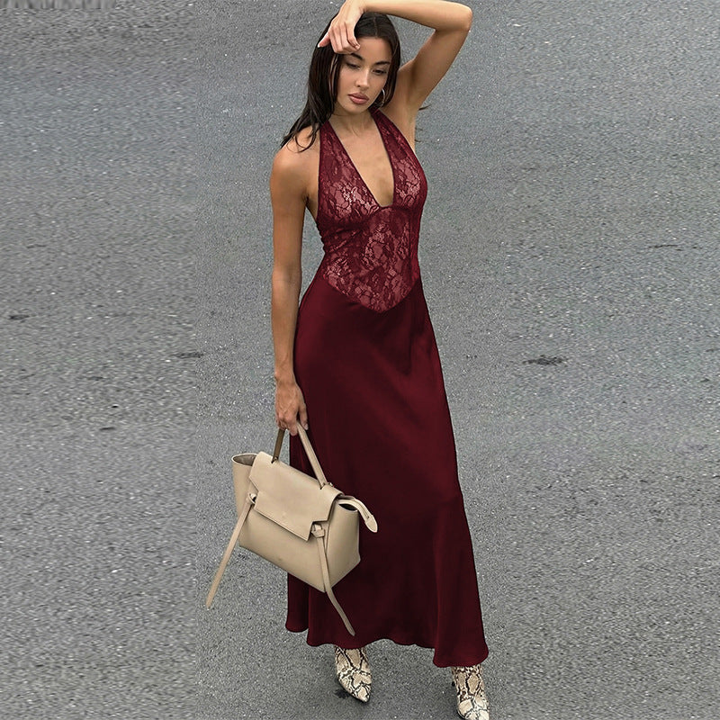 Serena Halter Backless Lace Patchwork Dress