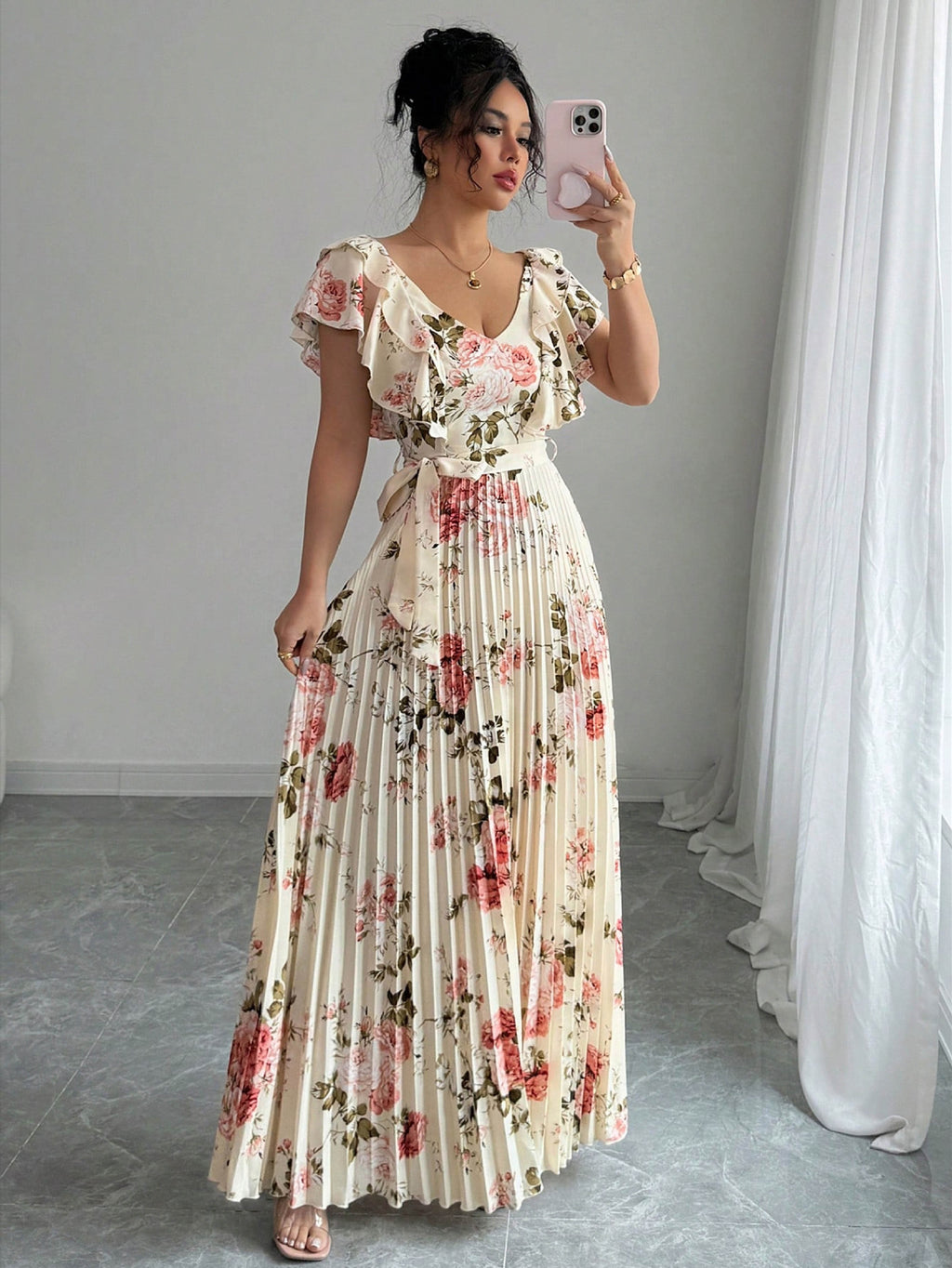 Valentina Floral V-Neck Ruffle Sleeve Maxi Dress