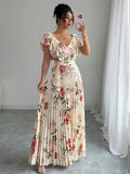 Valentina Floral V-Neck Ruffle Sleeve Maxi Dress