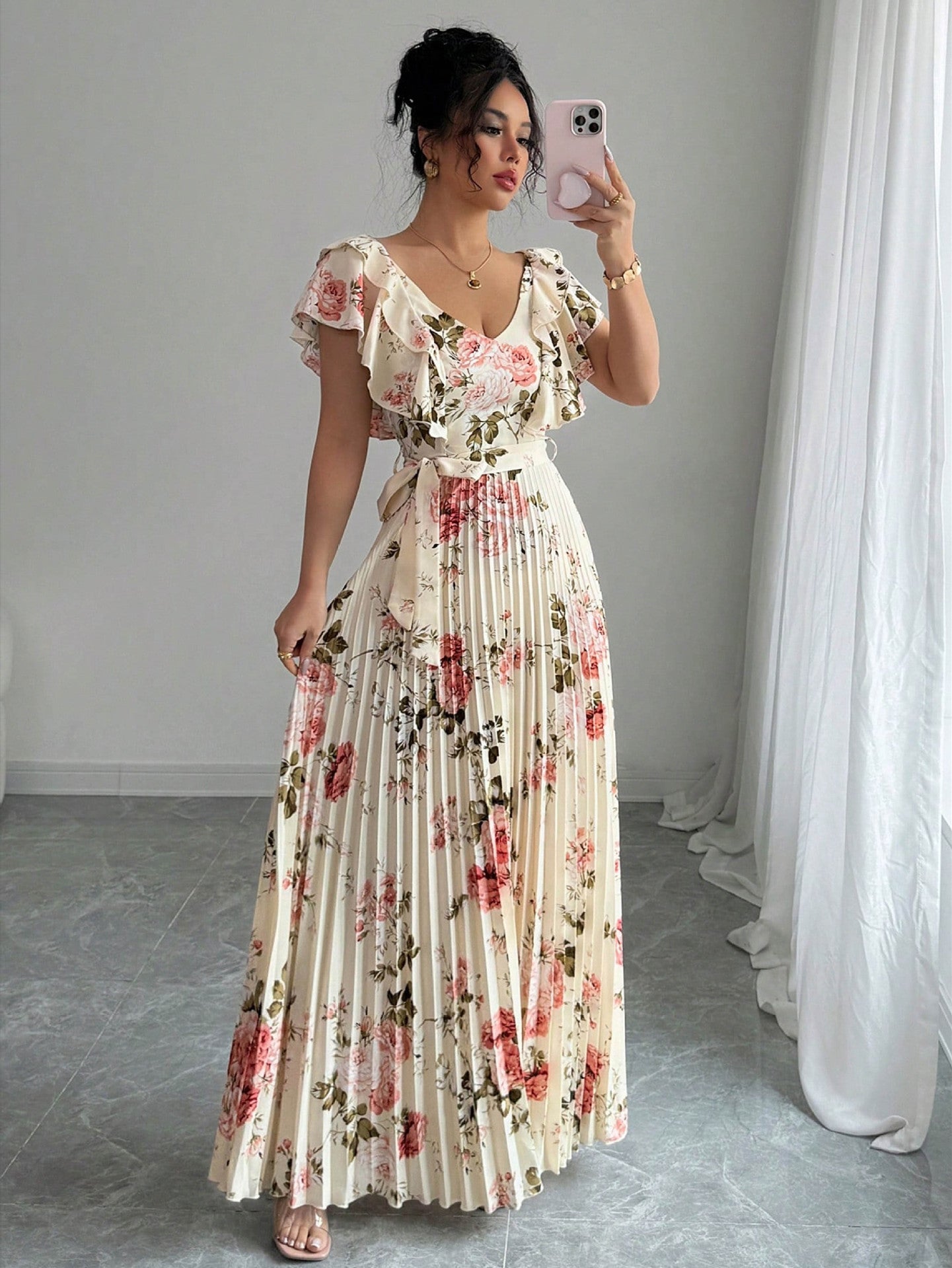 Valentina Floral V-Neck Ruffle Sleeve Maxi Dress