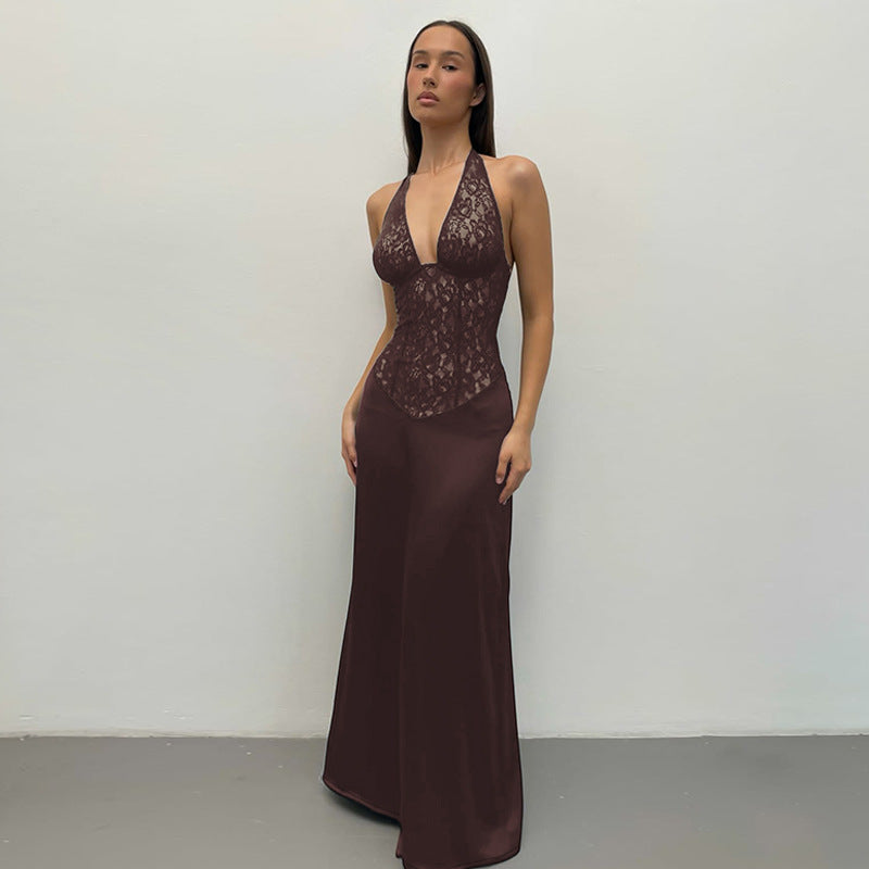 Serena Halter Backless Lace Patchwork Dress