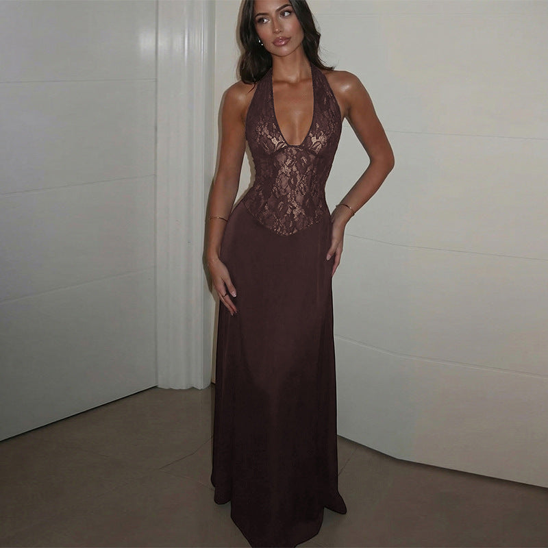 Serena Halter Backless Lace Patchwork Dress