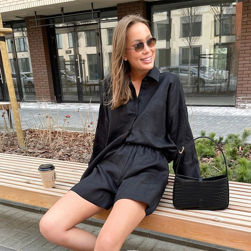 Sophia Linen Button-Down Shirt & High-Waist Shorts Set