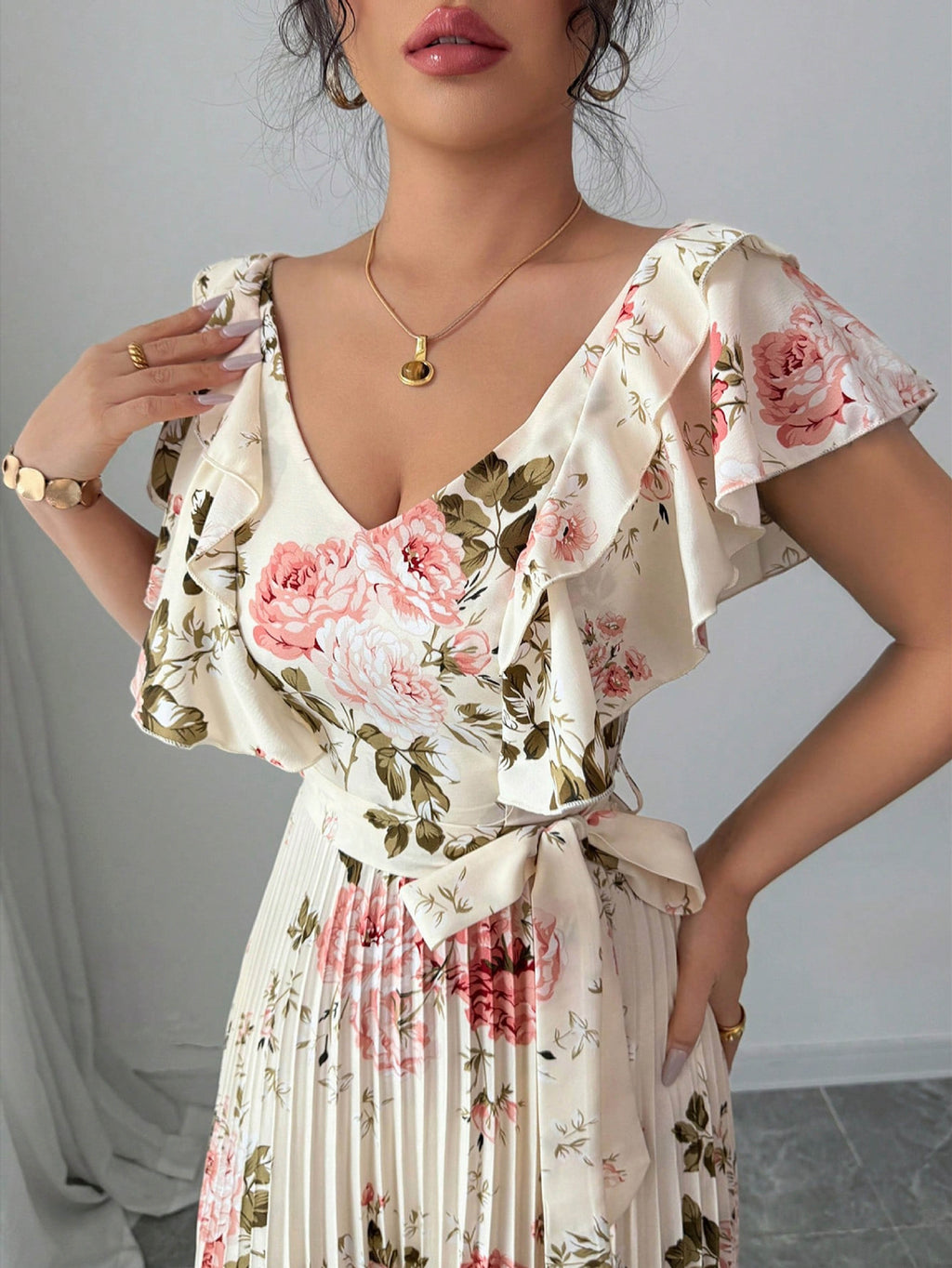 Valentina Floral V-Neck Ruffle Sleeve Maxi Dress