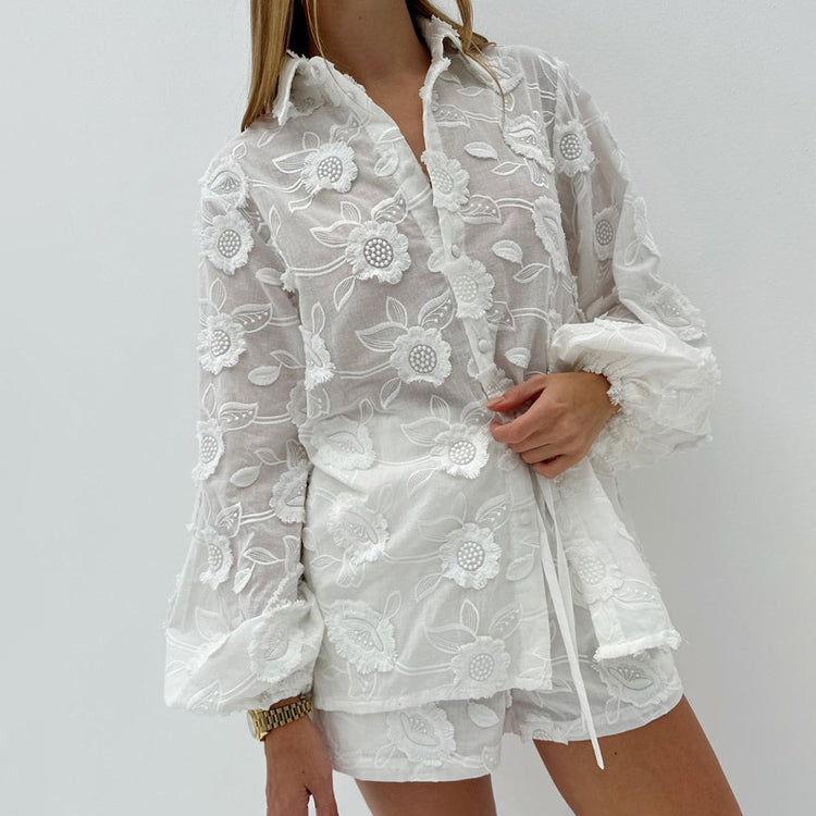 Elara Embroidered Sheer Shirt & High-Waist Shorts Set