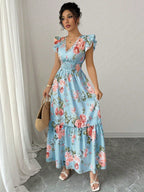 Valentina Floral V-Neck Ruffle Sleeve Maxi Dress