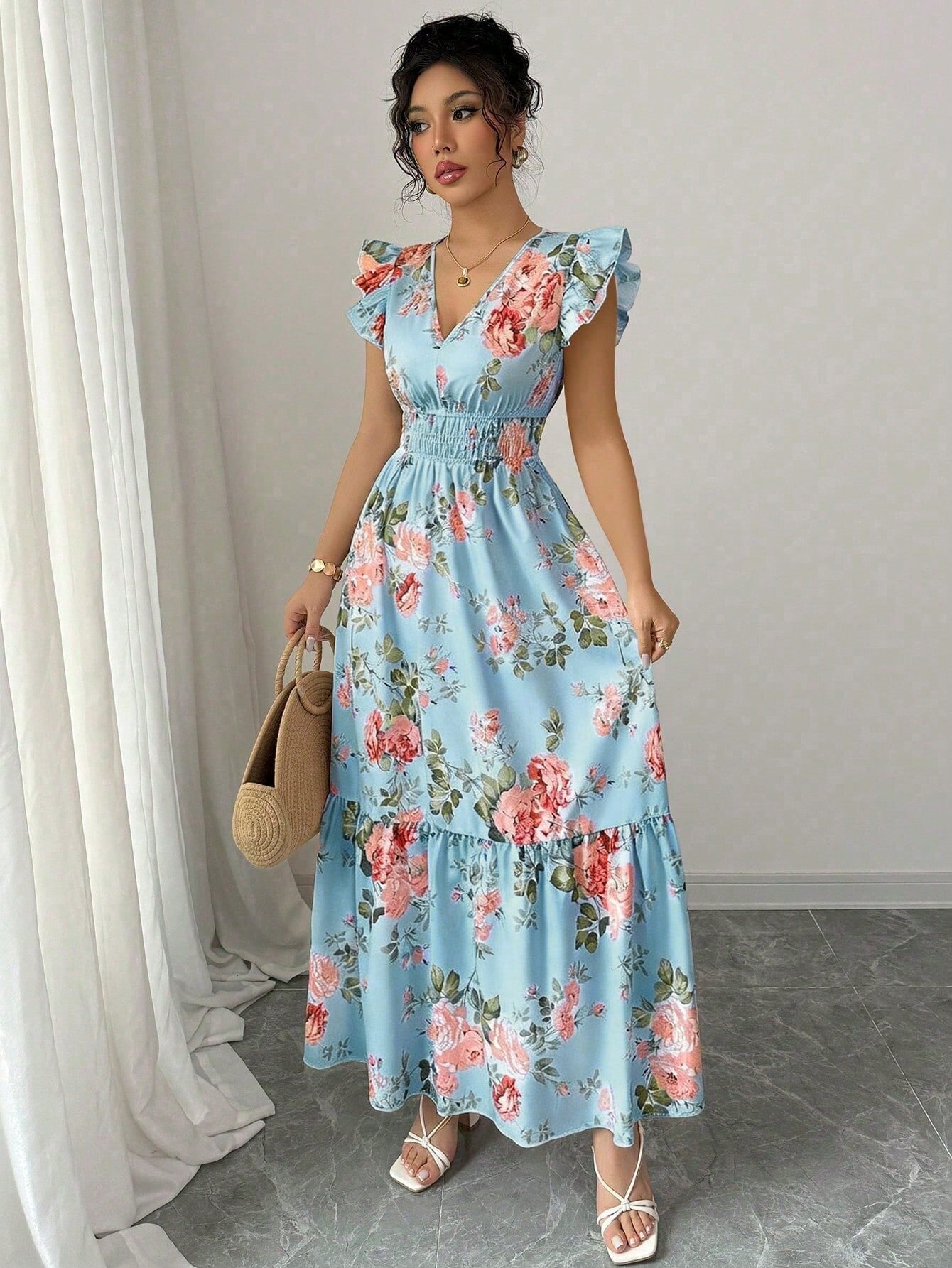 Valentina Floral V-Neck Ruffle Sleeve Maxi Dress