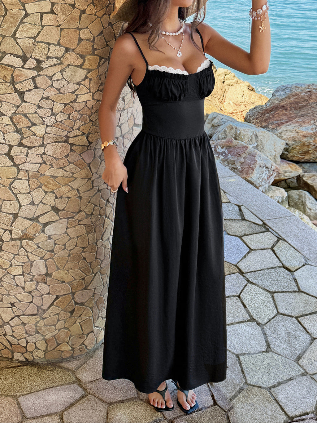 Alecto Pleated Spaghetti Strap Midi Dress