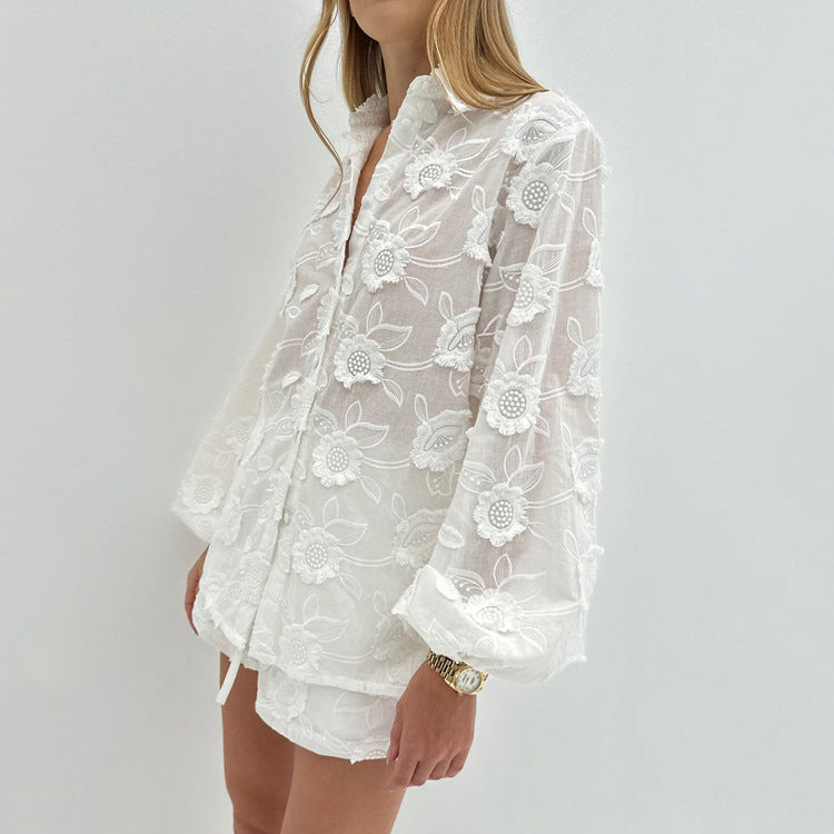 Elara Embroidered Sheer Shirt & High-Waist Shorts Set