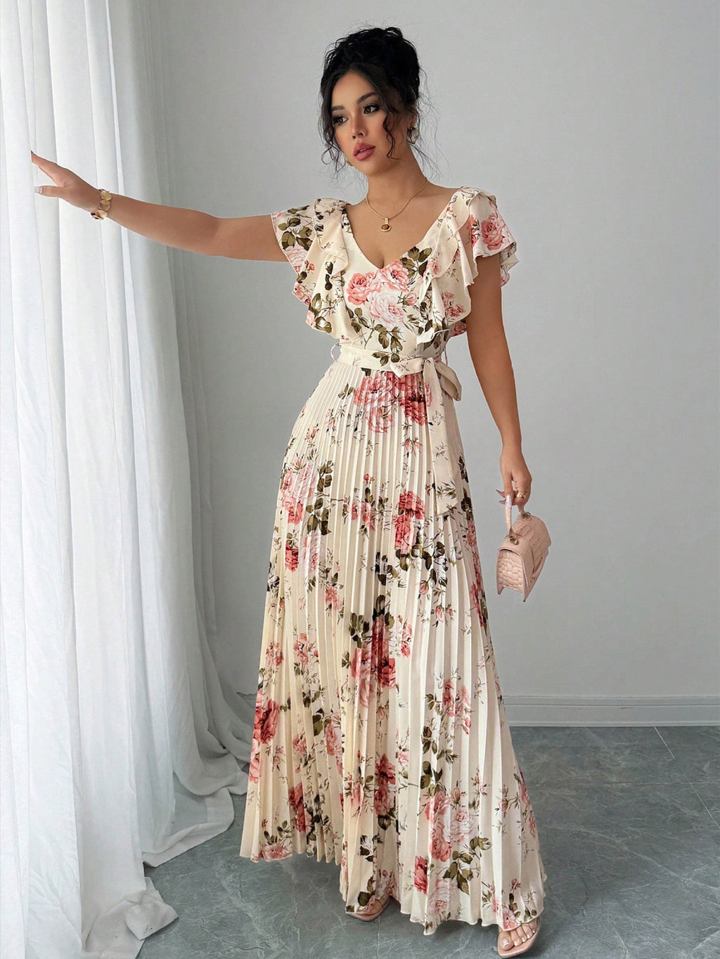 Valentina Floral V-Neck Ruffle Sleeve Maxi Dress