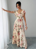 Valentina Floral V-Neck Ruffle Sleeve Maxi Dress
