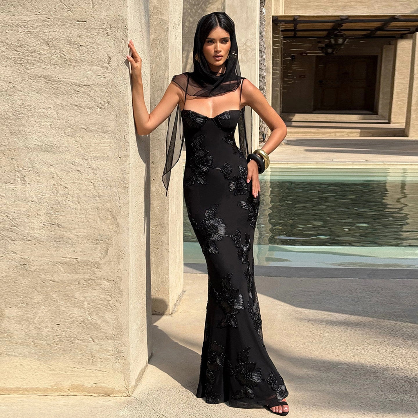 Beatrice Appliqué Tie-Back Maxi Dress