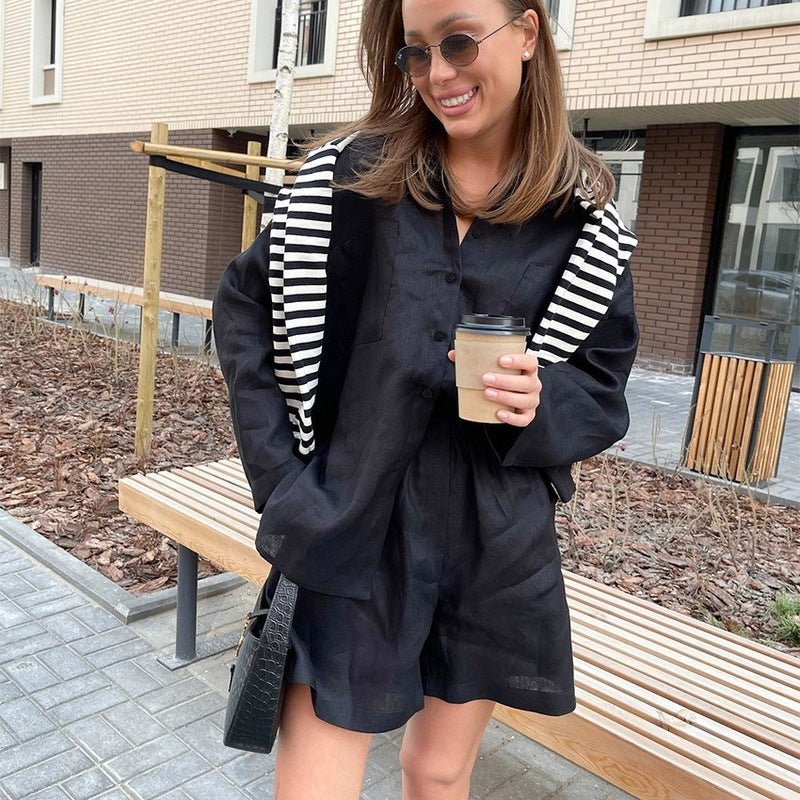 Sophia Linen Button-Down Shirt & High-Waist Shorts Set