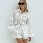 Elara Embroidered Sheer Shirt & High-Waist Shorts Set