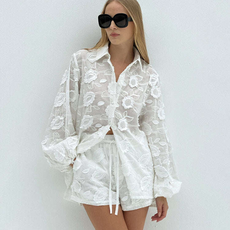 Elara Embroidered Sheer Shirt & High-Waist Shorts Set