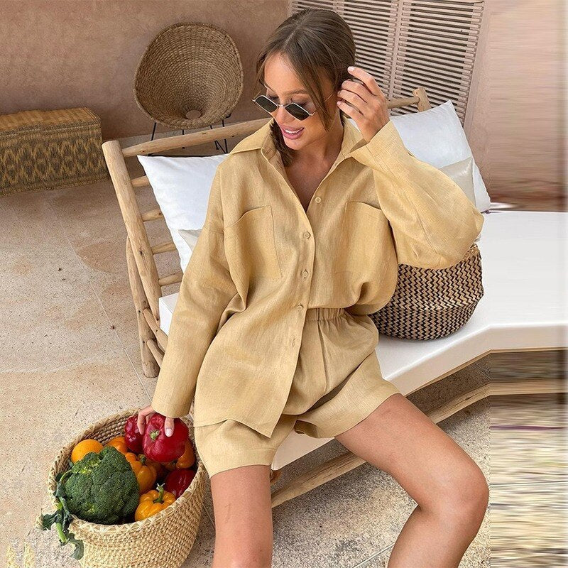 Sophia Linen Button-Down Shirt & High-Waist Shorts Set