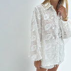Elara Embroidered Sheer Shirt & High-Waist Shorts Set