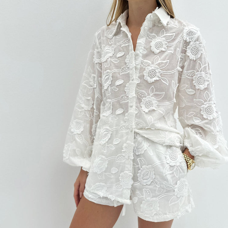 Elara Embroidered Sheer Shirt & High-Waist Shorts Set