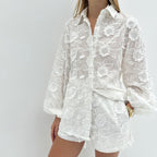 Elara Embroidered Sheer Shirt & High-Waist Shorts Set