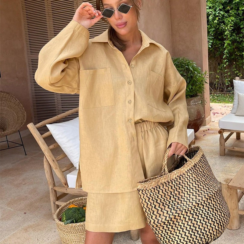 Sophia Linen Button-Down Shirt & High-Waist Shorts Set