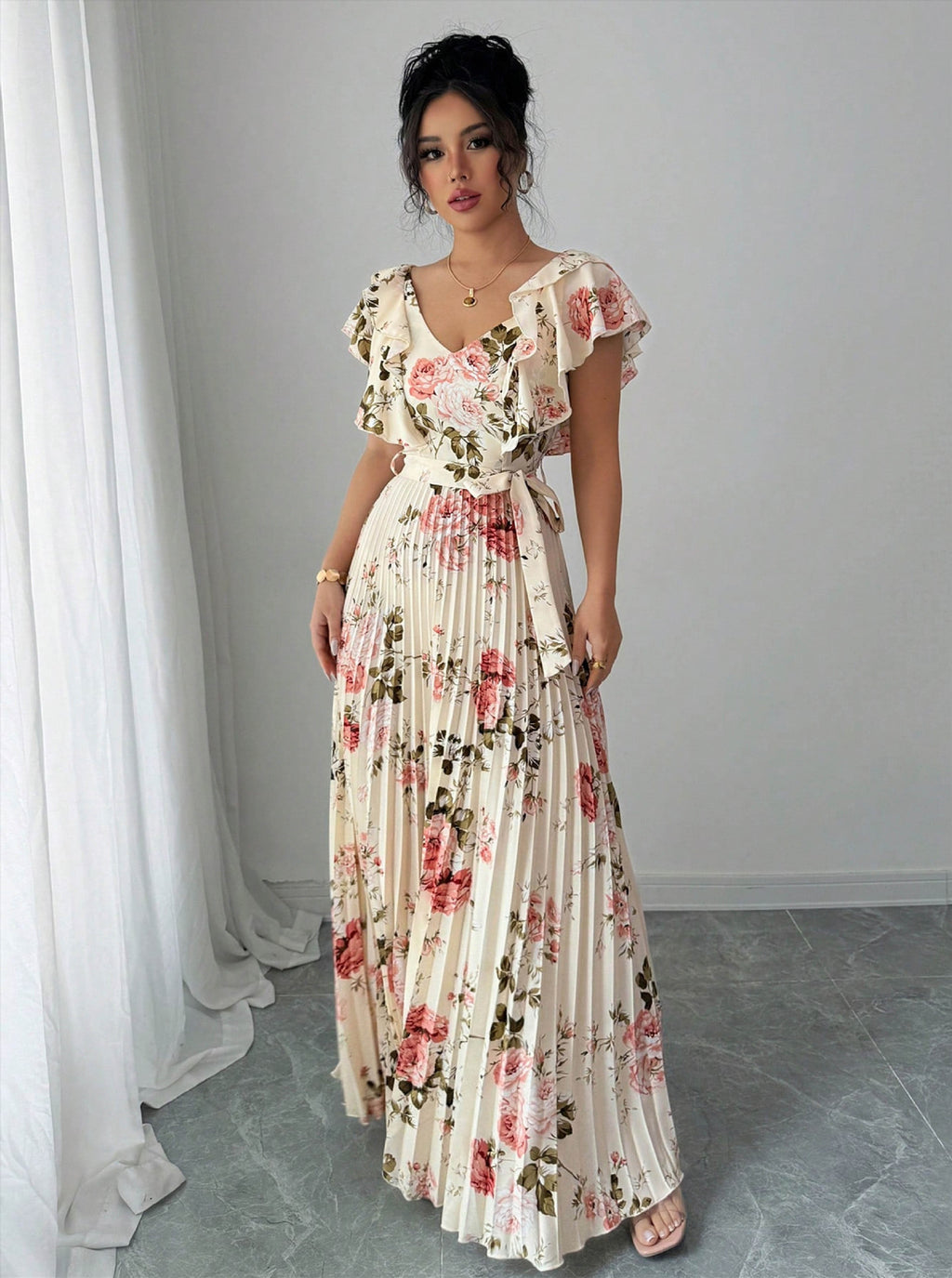 Valentina Floral V-Neck Ruffle Sleeve Maxi Dress