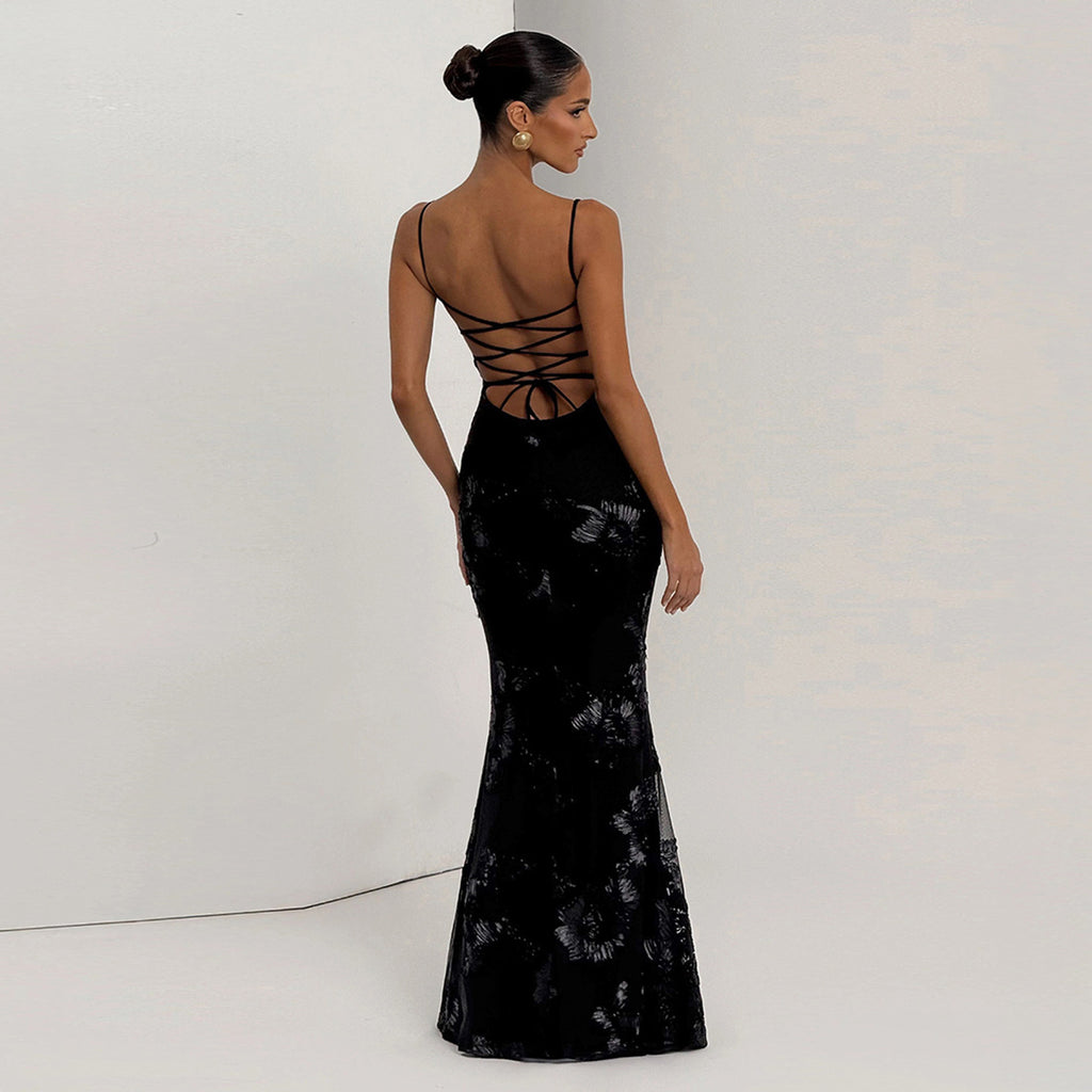 Beatrice Appliqué Tie-Back Maxi Dress
