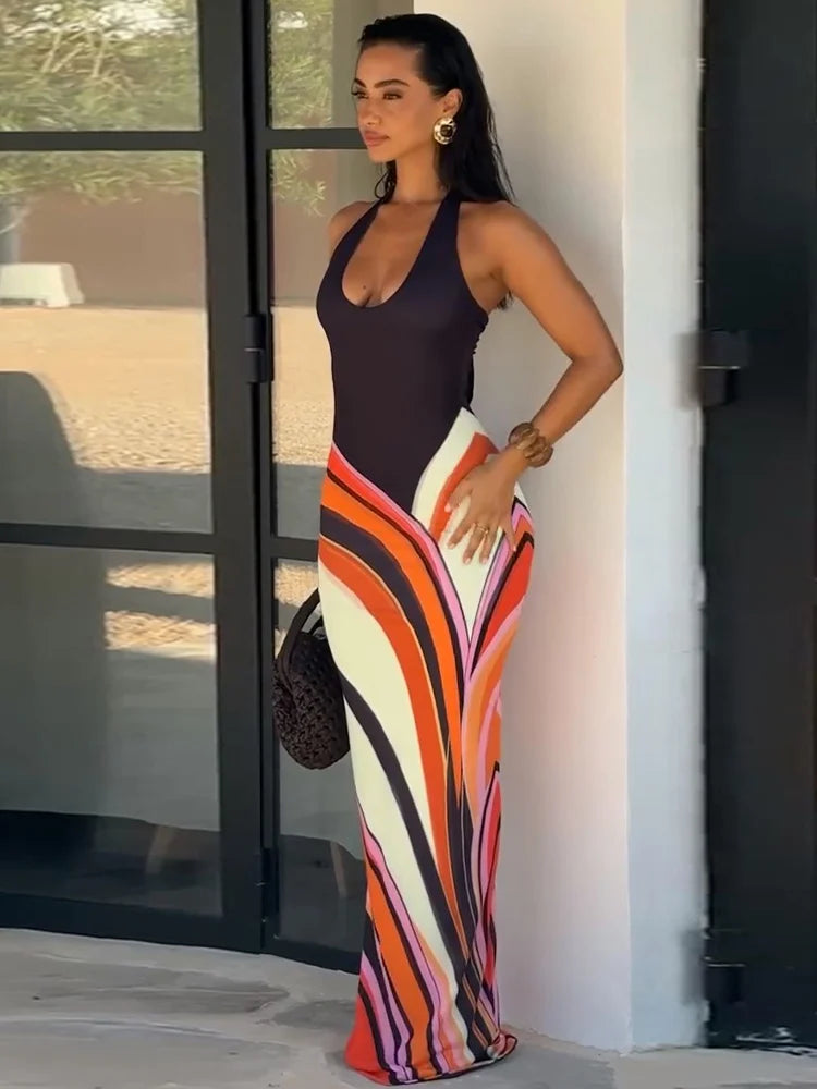 Valentina Colorblock Swirl Pattern Maxi Dress