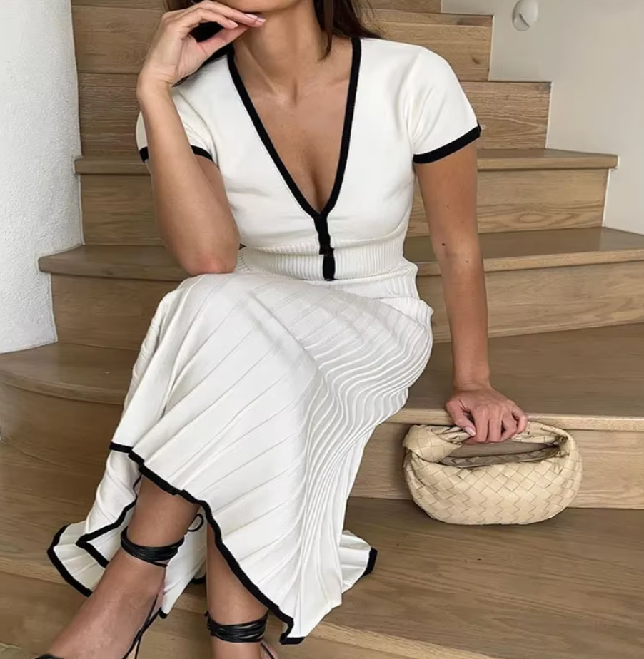 Monarch Contrast Knit Polo & Pleated Maxi Skirt Set