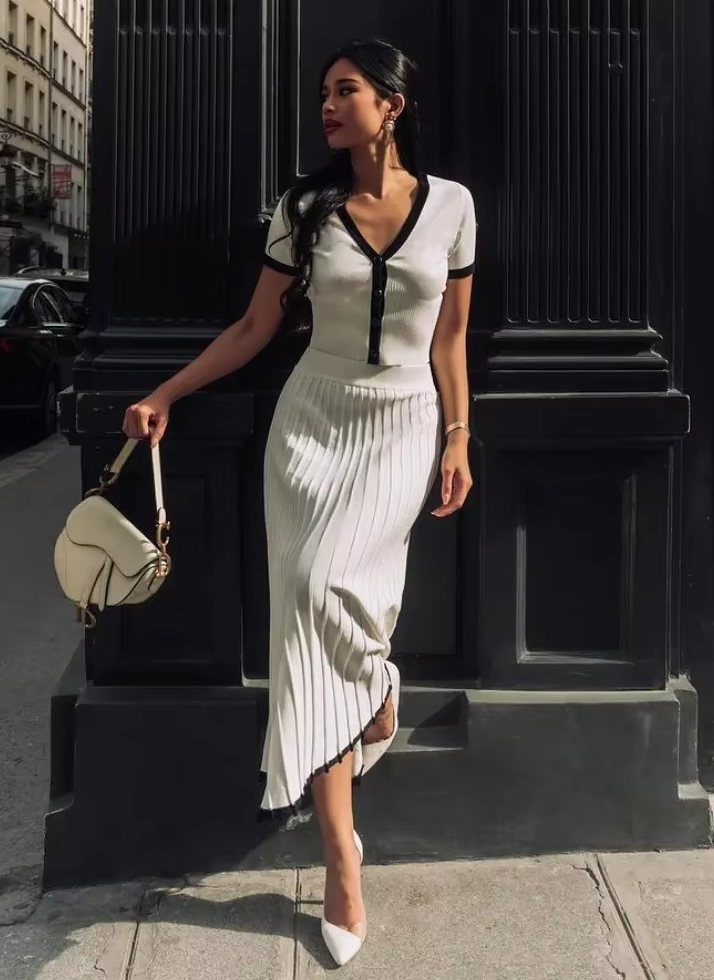 Monarch Contrast Knit Polo & Pleated Maxi Skirt Set