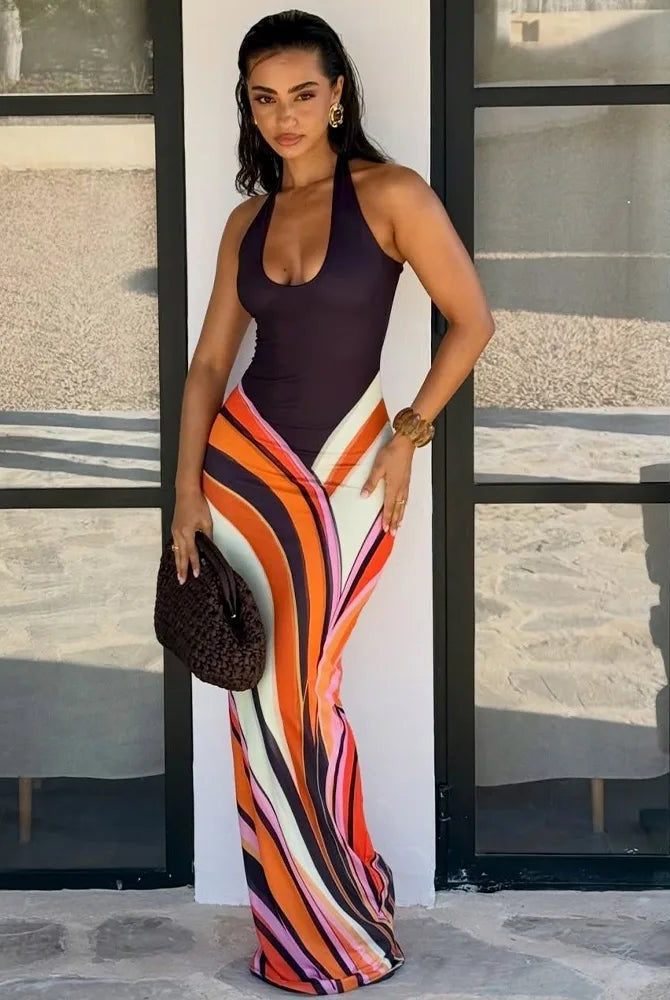 Valentina Colorblock Swirl Pattern Maxi Dress
